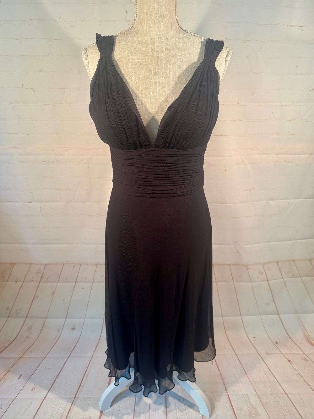 WHBM Silk Dress Black Plunge Neck Sheer Formal Maxi S 4